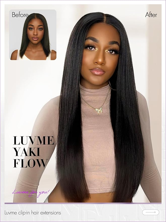 LUVME Yaki Straight Seamless 70g 4Pcs Clip in Hair Extensions Full Max with 24inch Remy Human Hair Clip ins Extensions, Natural Black 100% Real Soft Hair