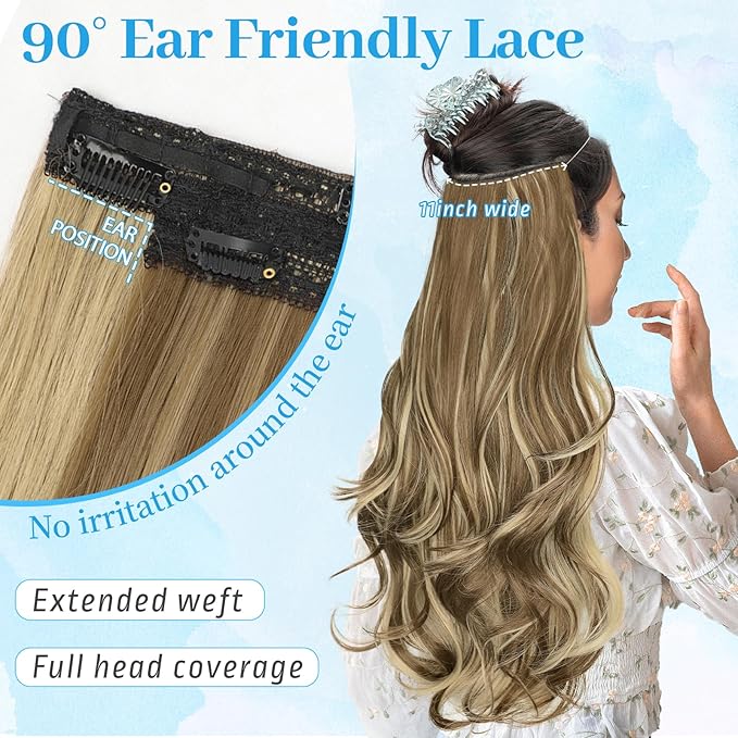 KooKaStyle Invisible Wire Hair Extensions Long Wavy Layered Synthetic with Transparent Wire Adjustable Size 6 Secure Clips Hairpieces for Women 20 Inch (Brown with Golden Blonde Highlight)