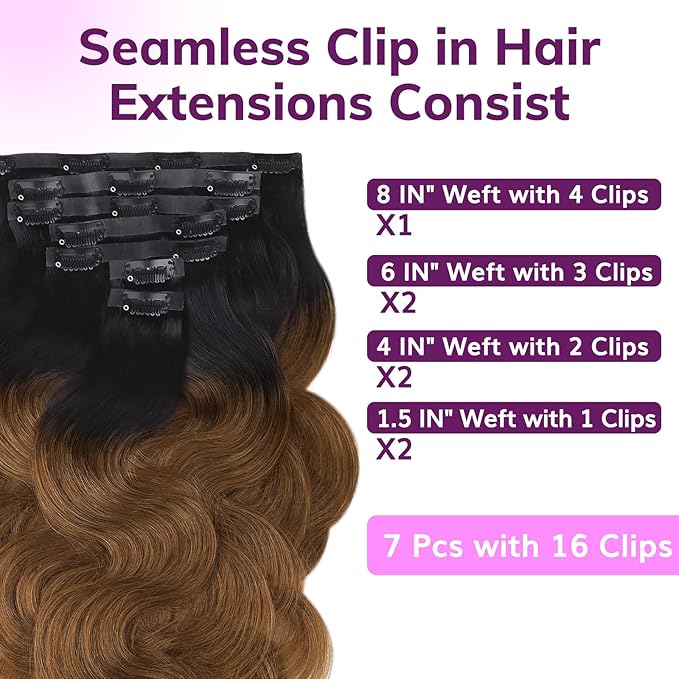 IDN BEAUTY Seamless Clip In Hair Extensions Human Hair 1B/30 Ombre Natural Black to Medium Auburn Body Wave Seamless Clip Ins For Black Women PU Weft Invisible Edge Thick Ends 110g 16 Inch 7pcs