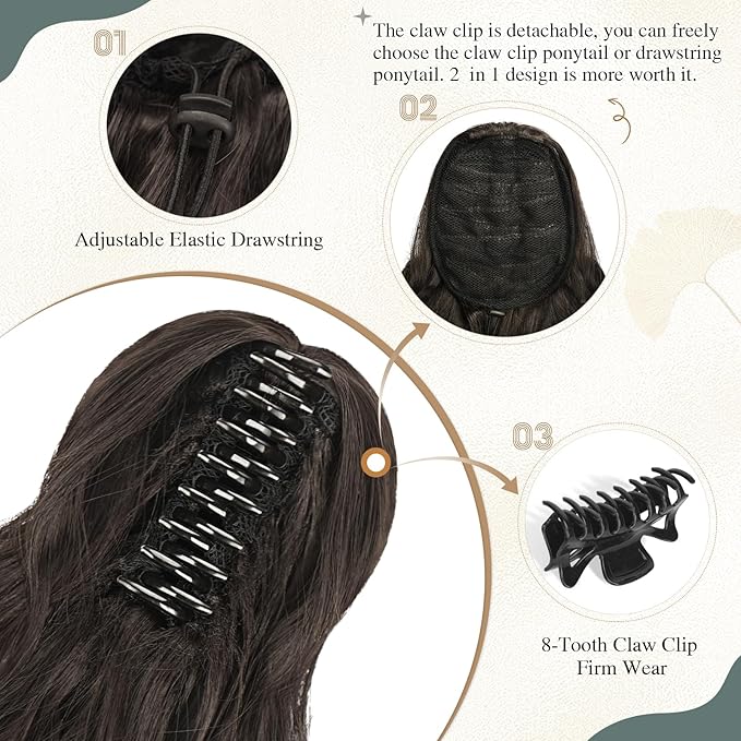 SOFEIYAN 14" Ponytail Extension, Short Wavy Claw Clip in Ponytail Hair Extension Synthetic Hairpieces Dark Brown Layered Natural Fluffy Curly Drawstring Ponytail Hair Piece for Women