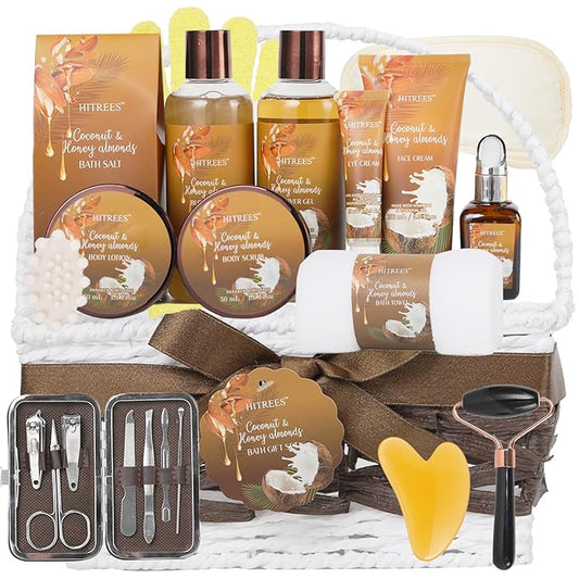 Coconut & Honey Almond Bath and Body Gift Basket Set, 24 Pcs Spa Gift Basket with Lotion, Face Cream, Himalayan Salt, Eye Cream, Facial Serum & More Bath Set Gifts for Girls, Birthday Gifts for Men