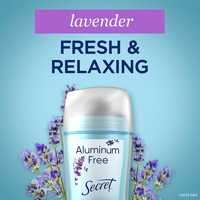 Secret Aluminum Free Deodorant for Women, 48hr Odor Protection, Naturally Derived Ingredients, Free of Parabens Dyes Talc & Baking Soda, PH Balanced, Dry Solid, Lavender Scent, 2.4 oz