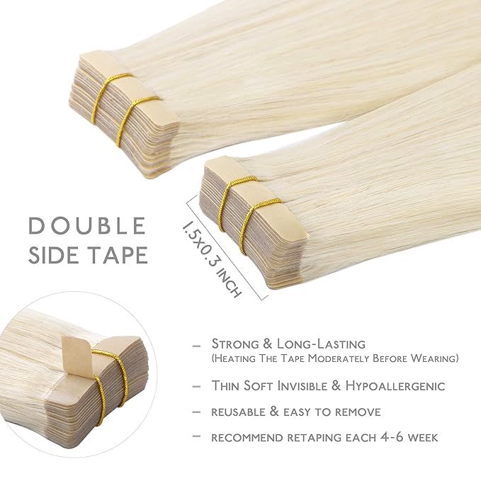 WENNALIFE Tape in Hair Extensions Human Hair, 20pcs 50g 16 inch Platinum Blonde Remy Hair Extensions Straight Human Hair Tape in Extensions Skin Weft Tape Extensions Human Hair