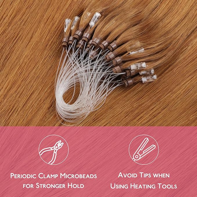 WENNALIFE Microlink Hair Extensions Human Hair, 50g 50s 14 Inch Auburn Ginger Remy Hair Microbead Micro Link Microloop Microring Invisible Straight Natural Fusion Installation