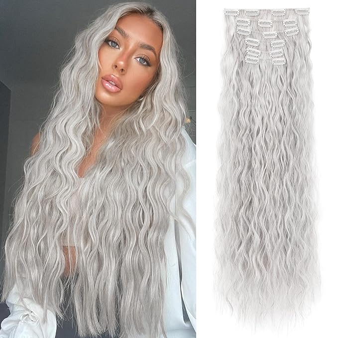 LONAI Clip In Hair Extensions, 6PCS Curly 24" Long Synthetic Clip On Hairpiece For Women-Grey/Silver/White Mixed