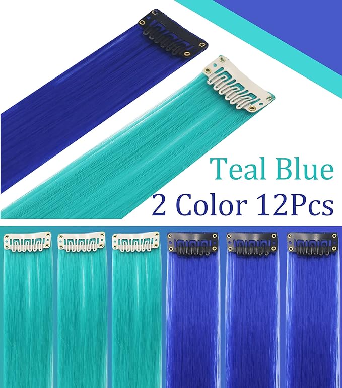 Rhyme 12 PCS Princess Party Highlight Blue Teal Hairpieces 21 inch Colored Hair Extension Clip in/on for Amercian Girls Wig Pieces for Kids (Blue Teal)