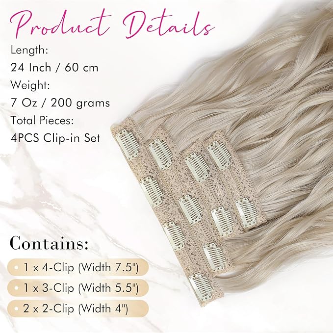 REECHO Clip in Hair Extensions, 4PCS Blonde Hair Extensions 24" Thick Long Beach Waves hair extensions HE003 Invisible Lace Weft Natural Soft Hairpieces for Women – Medium Blonde