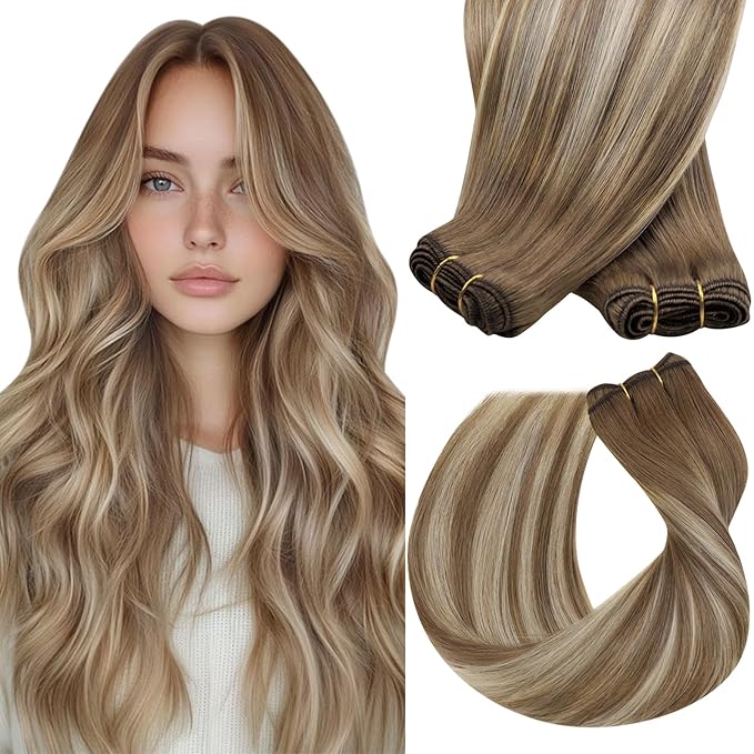 Sunny Hair Human Hair Extensions Sew in Brown Blonde Invisible Weft Hair Extensions Human Hair Thick Hair Wefts Light Brown Balayage Blonde Human Hair Sew in Extensions for Women 20inch 100g