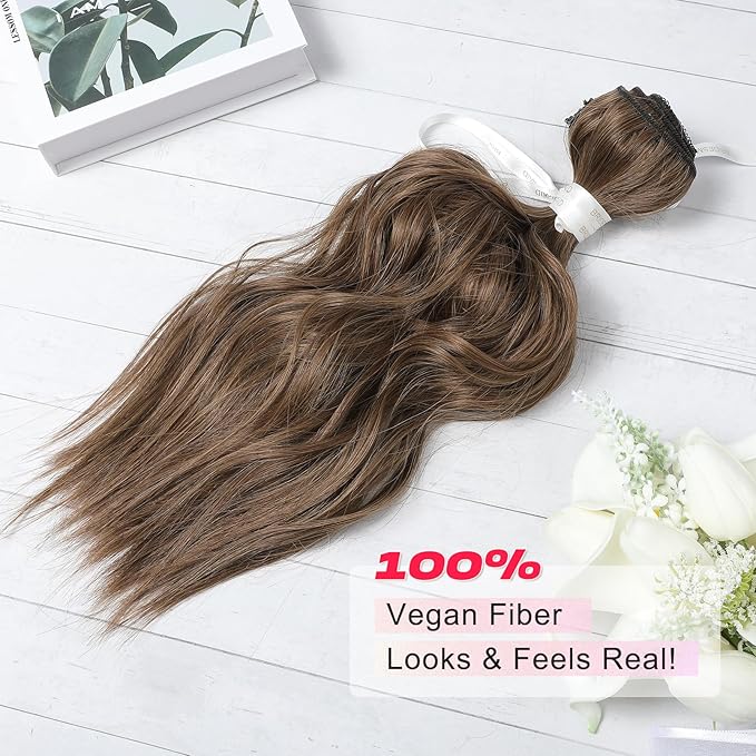Hair Extensions, 14" Short Clip in Hair Extensions 4PCS Beach Wave Blonde Natural Soft Synthetic Hairpiece for Women - Light Brown