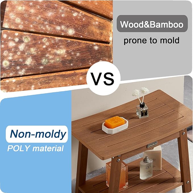 Large HDPS Shower Bench Seat, Waterproof Shower Stool for Inside, Bath Chair Seat for Shaving Legs, Spa Foot Rest with Adjustable Feet, No Maintenance, Indoor/Outdoor Use, Brown