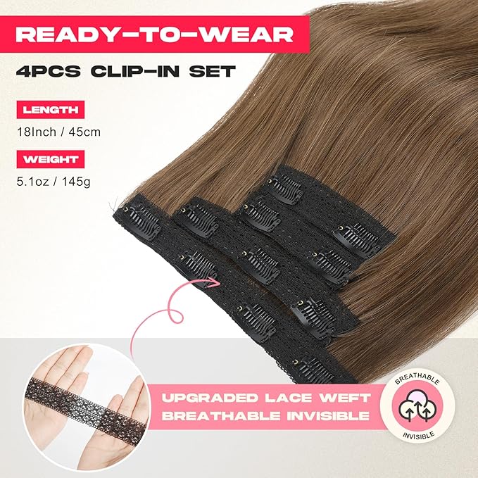 Hair Extensions, 4PCS 18" Clip in Hair Extensions Layered Cut Natural Lightweight Hairpieces with Thinner Softer Invisible Weft for Women - Light Brown