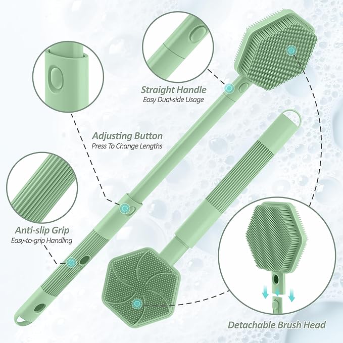 Silicone Back Scrubber & Soft Bath Glove 2PCS, 16''- 21''Extendable Back Scrubber with Dual-Side Large Head, 360° Anti-Slip Hand-fit Silicone Body Scrubber for Rich Foaming Deep Cleaning(Green)