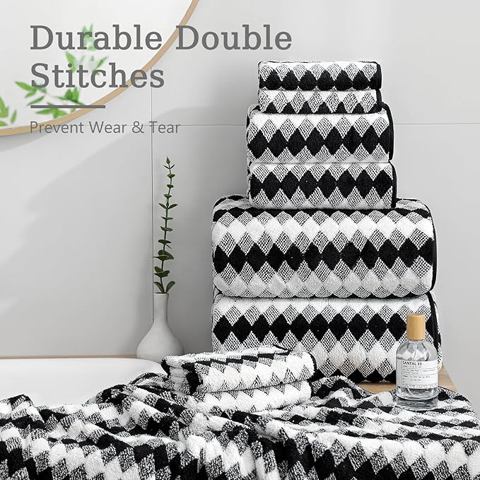 8 Piece Bathroom Towel Set Black White|2 Oversized Large Bath Towels Sheet,2 Hand Towels,4 Washcloths| 600GSM Soft Towel Set for Bathroom Hotel,Highly Absorbent Quick Dry Bath Towel Collections