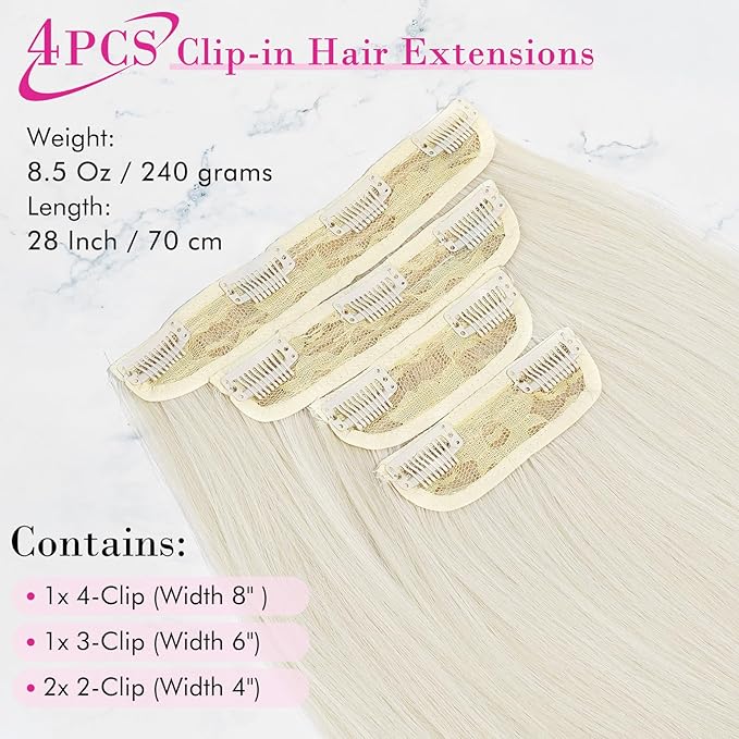REECHO 28" Straight Long 4 PCS Set Thick Clip in on Hair Extensions -Platinum Blonde