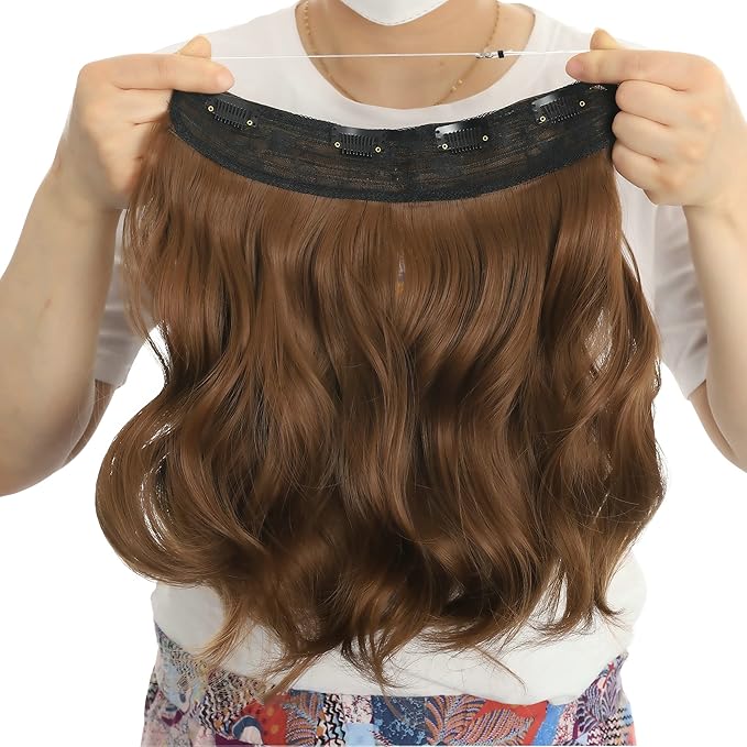 Invisible Wire Hair Extensions Transparent Wire Adjustable Size 4 Secure Clips Long Wavy Curly Secret Hairpiece 14 Inch for Women
