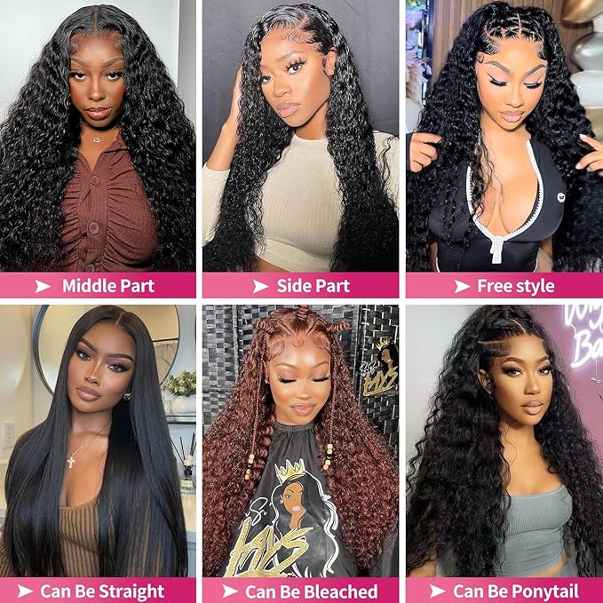 20 Inch 13x6 Lace Front Wigs Human Hair Water Wave 200 Density 13x6 HD Full Lace Frontal Wigs Pre Plucked Wet and Wavy Glueless Deep Curly Human Hair Wigs for Women Natural Black