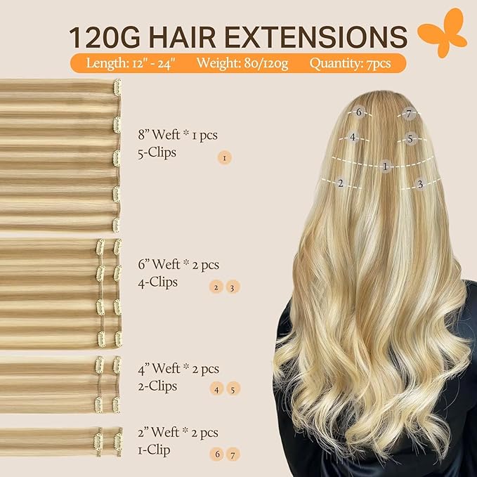 DOORES Clip in Human Hair Extensions Balayage Dark Blonde Highlighted Bleach Blonde 120g 7pcs 18 Inch Straight Thick Hair Extensions