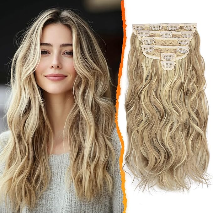 BARSDAR Light Ash Blonde Mix Clip in Hair Extensions - 6PCs Beach Wavy Blonde Highlight Clip in Hair Extensions for Women - 20 Inch Thick Soft Synthetic Clips on Hairpieces Daily Party Halloween