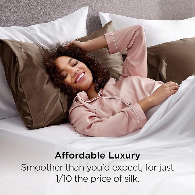 Bedsure King Size Satin Pillowcase Set of 2 - Brown Silky Pillow Cases for Hair and Skin with Envelope Closure, Similar to Silk Pillow Cases, Gifts for Women Men, 20x36 Inches, 2pcs