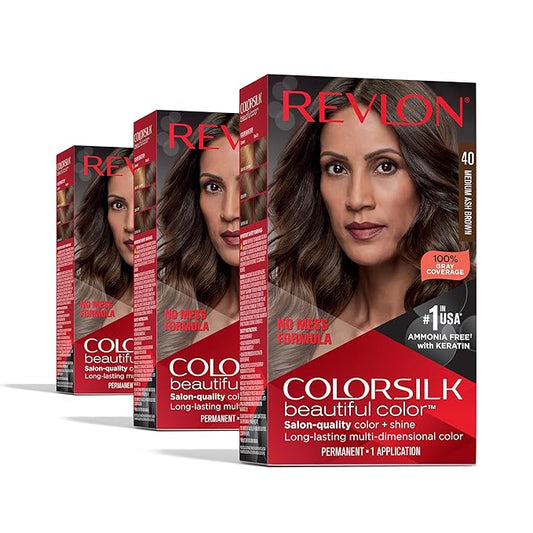 Revlon Colorsilk Beautiful Color Permanent Hair Color, (OLD VERSION) 40 Medium Ash Brown (Pack of 3)