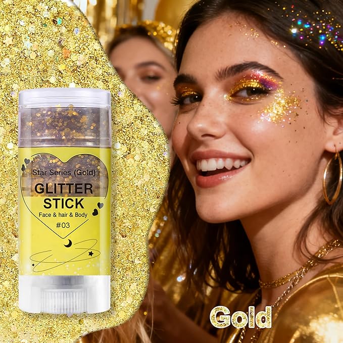 Gold Body Glitter Stick, Sparkling Hair Glitter Makeup for Kids and Women, Waterproof Face Hair and Body Glitter Makeup, Rave Accessories Carnival Chunky Sequins