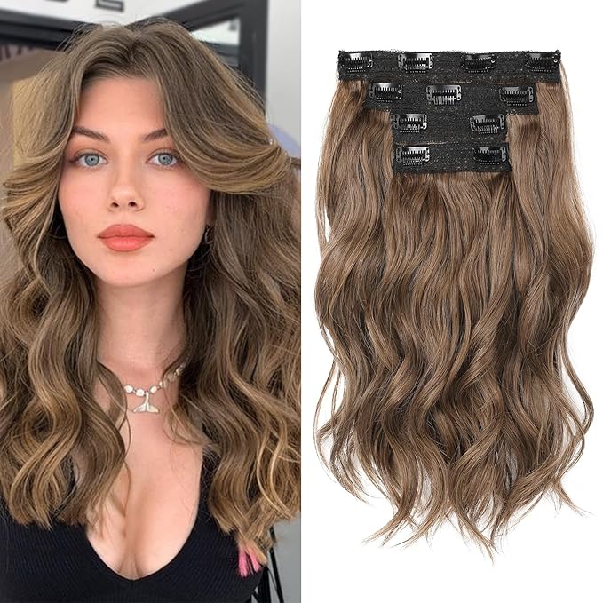 REECHO Clip in Hair Extensions - 14" Short Beach Wavy Hairpieces - Invisible Lace Weft - Natural Soft - Light Brown