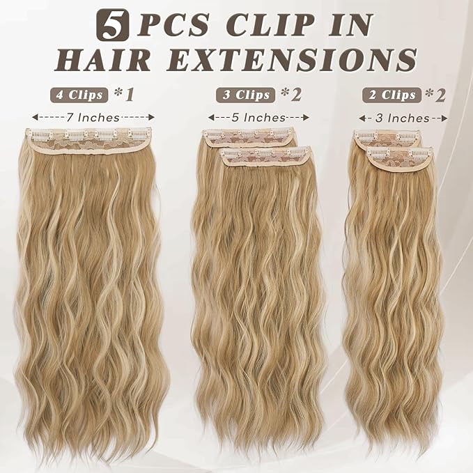 BARSDAR Wavy Clip in Hair Extensions - 20 Inch Golden Blonde Highlight Clip in Hair Extensions for Women - 5PCs Thick Soft Synthetic Loose Wavy Hairpieces – Golden Blonde with Highlights