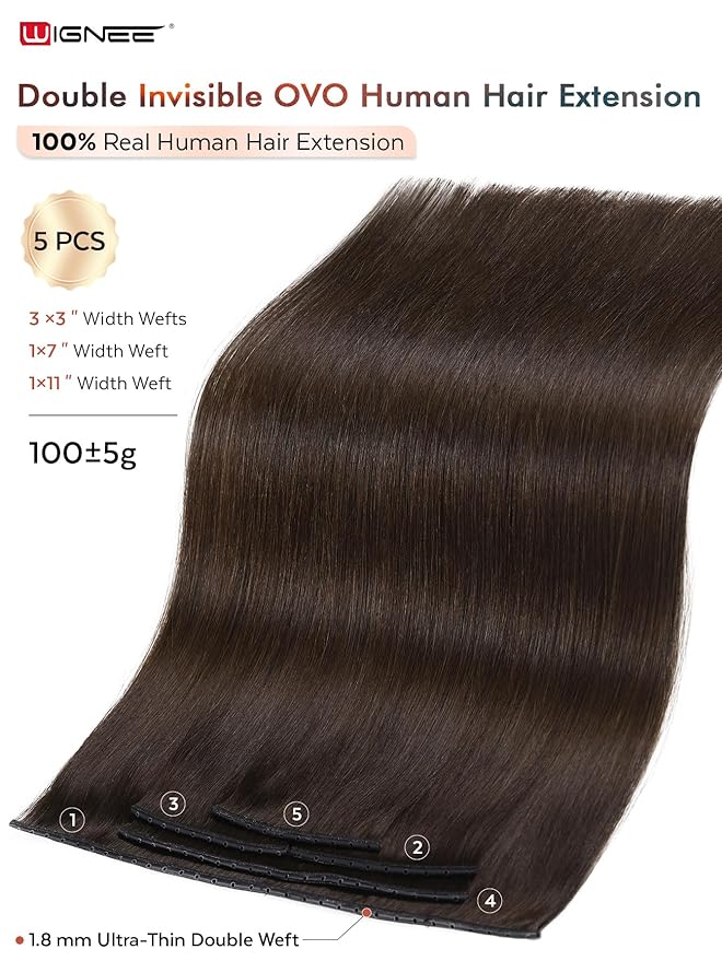 WIGNEE 100% Remy Dual Hand Tied OVO Human Hair Extension 18 Inch Micro Beaded Double Invisible Weft Hair Extensions Human Hair Brown Color Sew in Hair Extensions Glueless(2)