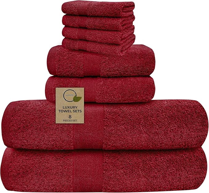 Softolle Luxury 8 Piece Towel Set, 2 Bath Towels 2 Hand Towels 4 Washcloths, Towels for Bathroom, Home, Spa & Gym - Highly Absorbent (Burgundy)
