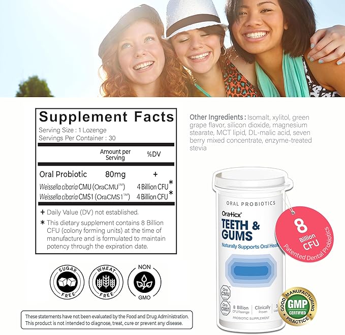 OraTicx Teeth & Gums Oral Probiotics, 8 Billion CFU - Naturally Supports Oral Health, Fresh Breath, and Immunity, Dental Probiotic Supplement, Grape Flavor 30 Lozenges 1-PK