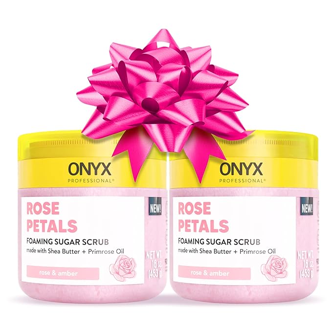 Onyx Professional Foaming Body Scrub With Brush, Rose Petals, 16oz, 2pk - Sugar Scrub Made with Shea Butter and Primrose Oil, Includes Built-in Scrubber