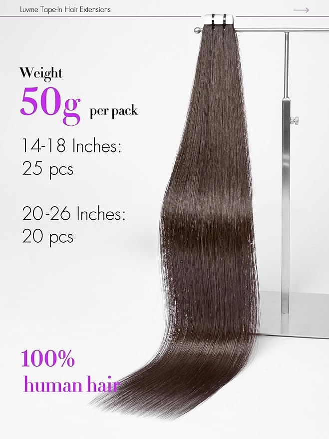 LUVME Invisible Tape in Hair Extensions Human Hair 20 Inch 50g 20pcs Rich Mocha Brown Straight Double Sided Seamless Tape Extensions