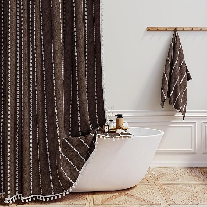 BTTN Boho Farmhouse Shower Curtain - Linen Rustic Heavy Duty Striped Fabric Shower Curtain Set, Bohemian Vintage Country Cloth Shower Curtains for Bathroom, Brown, 72" W x 96" L (Pack of 1)