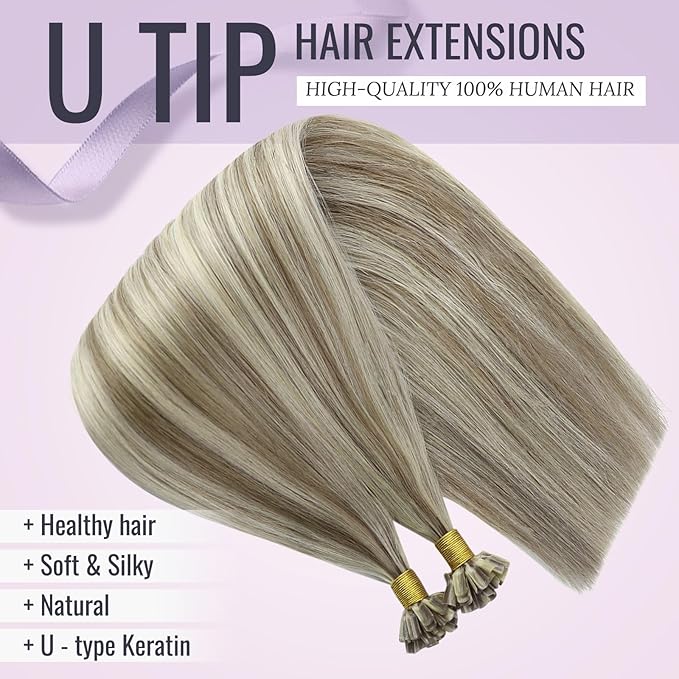 Fshine Remy Hair Extensions U Tip Pre Bonded #8 Light Brown Mixed With #60 Platinum Blonde Highlighted Nail Tip Human Hair Extensions 14 Inch 40g/50s Hot Fusion Hair Extensions For Short Hair