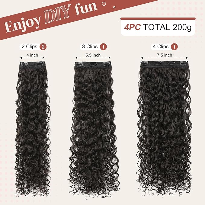 LONAI 4PC Clip in Hair Extensions, 100％ Pure Protein Silk Curly Hair Extension for Women, 26 Inch Long Soft Natural Hair Extensions-Dark Almond brown with copper