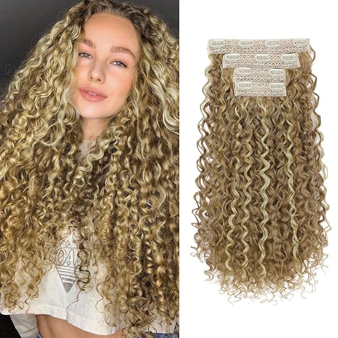 Flufymooz Clip in Hair Extensions, 4PC 100％ Pure Protein Silk Hair Extensions Long Soft Natural Hairpiece 20 Inch Curly Hair Extension for Women- Camel Brown with Blonde Highlights