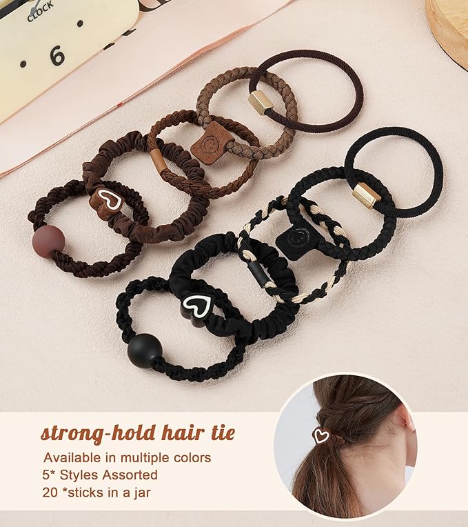 20Pcs Hair Ties -No Damage Seamless Nylon Fabric Bands, Seamless Soft Thick Ponytail Holder Scrunchies Fashion Head Bands for Women Girls(black 20pcs)