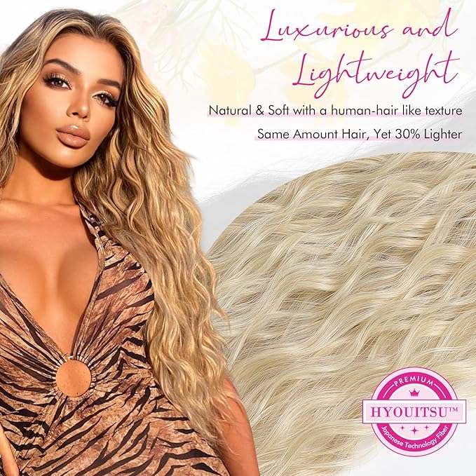 REECHO Hair Extensions, 9PCS Blonde Clip in Hair Extensions 24" Thick Long Mini Mermaid Wave Luxurious Lightweight Japanese Technology HYOUITSU Fiber Invisible Soft Lace Weft - HE009 Natural Blonde