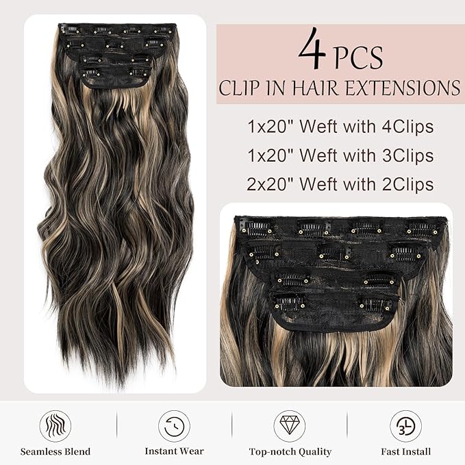 Clip in Hair Extensions Black Mix Blonde Natural Long Wavy Synthetic Hairpieces for Women Highlights Color Synthetic Easy to Install Double Weft 20 Inch 4 Pcs