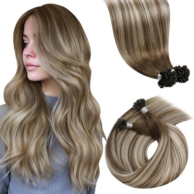 LaaVoo U Tip Hair Extensions Human Hair Light Brown Mix Blonde 16 Inch Ktip Human Hair Extensions Blonde 50g/50s