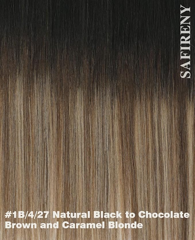 Clip in Hair Extensions Real Human Hair, 18 Inch 160g,Natural Black Roots Chocolate Brown With Caramel Blonde, Clip On Hair Extensions 7pcs Per Set with 19 Clips(#1B/4/27,18")