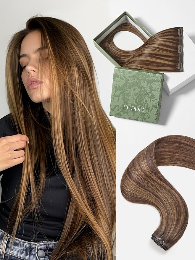 Frodio Clip Ins Hair Extensions Black: Remy Real Human Hair Pu Seamless Silk Long Straight Invisible Full Thick Virgin Brazilian Brown Highlight Color Beauty For Women Can Be Body Wave 100g 7 Piece
