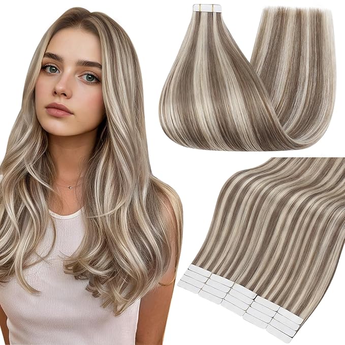 Full Shine Tape in Extensions Human Hair 20PCS Seamless Tape Ins Human Hair Extensions 14 Inch Color 8 Light Brown Highlight 60 Blonde 50grams Straight Human Hair Extensions for Women