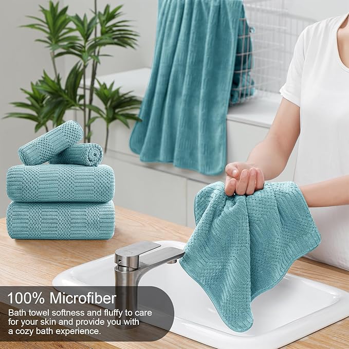 Ycosy 4 Pack Extra Large Microfiber Bath Towels Set,35x70 inches,600GSM,Less Lint Highly Absorbent Super Soft & Quick Dry,Oversized Bath Towels,Perfect for Bathroom Gym Pool,Turquoise