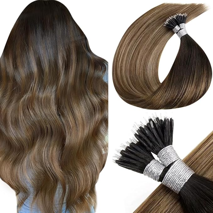 LaaVoo Nano Bead Hair Extensions Human Hair Balayage Darkest Brown Ombre Medium Brown to Ash Blonde Nano Ring Hair Extensions 24 Inch Nano Extensions Real Human Hair 50s 50g