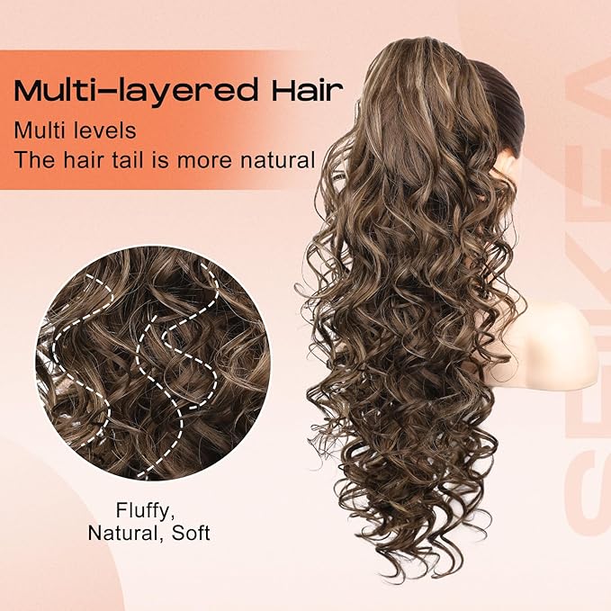 SEIKEA Ponytail Extension, 24" Fluffy Long Wavy Curly Claw Clip Hair Extensions Ponytail Multi-layered Clip in Fake Pony Tails Natural Soft Synthetic Hairpiece Chocolate Brown with Highlights