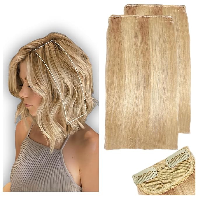 2 Pcs Short Hair Extensions, Human Hair Pieces for Women Adding Volume 6 inch Dark Blonde and Bleach Blonde