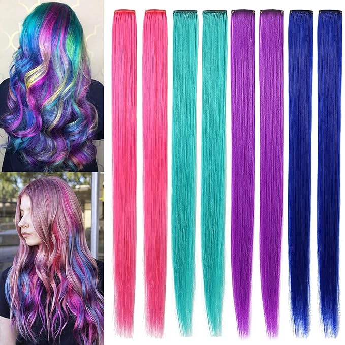 Rhyme 8 Pcs 21 inch Colored Hair Extensions Clip in For Girls Women Hair Accessories Wig Hairpieces Christmas birthday Gift Cosplay Hairstyles (Pink Purple Blue Teal)