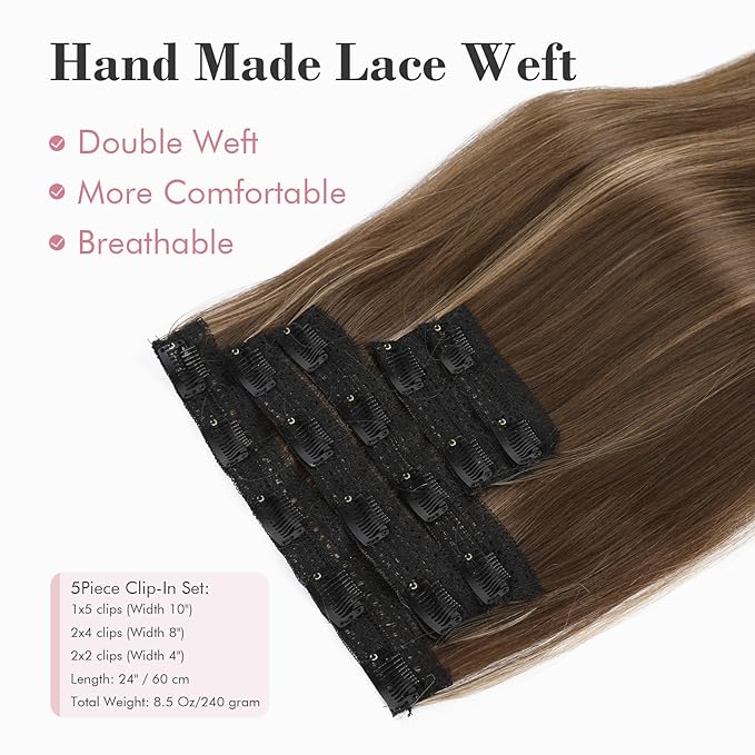 REECHO Clip in Hair Extensions, Hair Extensions Thick Long Lace Weft Lightweight Synthetic Hairpieces for Women 24 Inch-240 Gram(Pack of 5), Chocolate Brown with Highlights