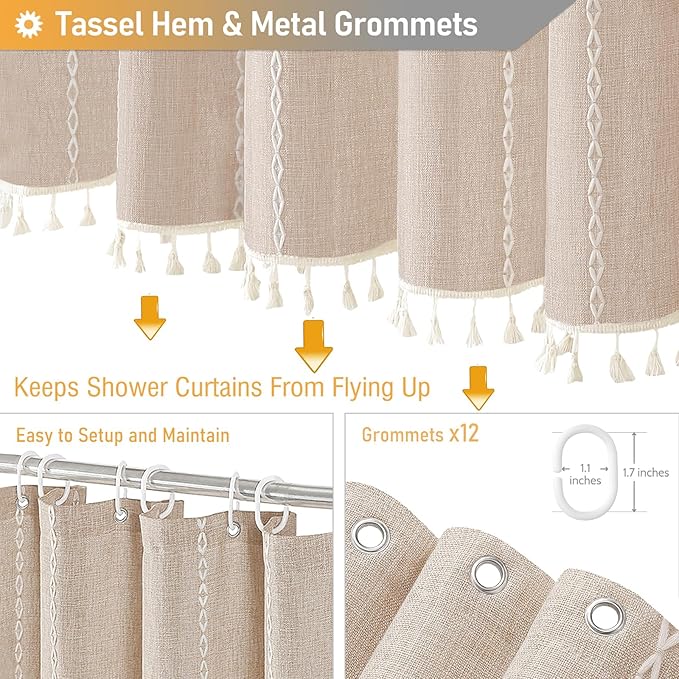BTTN 78 Inch Long Shower Curtain, Boho Farmhouse Linen Ultra Thick Striped Fabric Shower Curtain Set with Plastic Hooks, Tall Rustic Country Luxury Cloth Shower Curtains for Bathroom, Tan/Taupe, 72x78